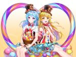  2girls :d ball bang_dream! bangs basket blonde_hair blue_hair blue_skirt bow bowtie bubble_background candy center_frills earrings food gradient gradient_background group_name hat hat_bow headwear_writing heart highres holding_lollipop incoming_food jewelry lollipop looking_at_viewer matsubara_kanon michelle_(bang_dream!) multiple_girls one_side_up open_mouth orange_background outstretched_hand polka_dot polka_dot_bow polka_dot_neckwear pom_pom_(clothes) red_bow red_neckwear rerin_(rerin913) ringed_eyes short_sleeves sidelocks sitting skirt smile smiley_face top_hat tsurumaki_kokoro vertical-striped_vest vest violet_eyes yellow_eyes 