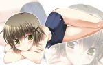  1girl blush brown_hair hidamari_sketch kohakugin lying on_side school_swimsuit short_hair solo swimsuit yellow_eyes yuno zoom_layer 