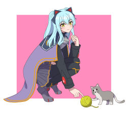  1girl absurdres animal_ear_hairband animal_ears ao_no_kiseki armor armored_shoes black_pantyhose black_skirt blue_hair border breastplate cape cat cat_ear_hairband cat_ears closed_mouth double-parted_bangs eiyuu_densetsu fake_animal_ears full_body grey_shoes hair_between_eyes hairband highres light_smile long_sidelocks long_sleeves looking_at_viewer outside_border pantyhose pink_background pleated_skirt shoes sidelocks simple_background skirt smile solo squatting tio_plato twintails user_kgwn4383 v-shaped_eyebrows white_border wispy_bangs yarn yarn_ball yellow_eyes zero_no_kiseki 