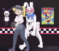 2girls animal_costume animal_ears blonde_hair blue_bow blue_bowtie bow bowtie breasts buck_teeth collared_shirt colored_sclera commentary english_commentary english_text eyelashes fake_animal_ears five_nights_at_freddy's five_nights_at_freddy's:_security_breach flashlight green_eyes hat holding holding_flashlight long_sleeves multiple_girls open_mouth pants patchwork_clothes ponytail rabbit_costume rabbit_ears rabbit_tail red_eyes security_guard shirt sleazynavi smile tail teeth vanessa_(fnaf) vanny_(fnaf) 