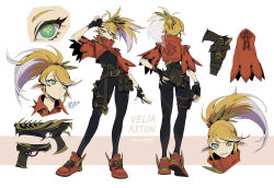  1girl belt black_bodysuit black_gloves blonde_hair bodysuit crop_top cropped_jacket cross-shaped_pupils elf fingerless_gloves gloves green_eyes gun handgun highres holster jacket long_hair looking_at_viewer multicolored_hair multiple_views original pikat pointy_ears ponytail red_jacket reference_sheet shoes smile sneakers star-shaped_pupils star_(symbol) symbol-shaped_pupils weapon white_hair 