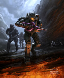  1boy 2others absurdres armor assault_visor battle_rifle black_armor black_assault_visor br55 bullpup clouds cloudy_sky combat_helmet company_name concept_art covenant_carbine crystal english_commentary full_armor green_armor green_helmet gun halo_(series) halo_3 helmet highres holding holding_gun holding_weapon isaac_hannaford master_chief military military_combat_uniform military_uniform multiple_others nature odst official_art orange_assault_visor pauldrons power_armor ravine rifle rock science_fiction scope shoulder_armor sky soldier spartan_(halo) weapon 