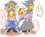  2girls alice_margatroid black_dress blonde_hair blue_dress boots bow capelet closed_eyes d:&lt; dress hairband hat hug kirisame_marisa kneeling loafers long_hair multiple_girls nervous nose_blush sayuu_hanten shoes sketch standing surprised tearing_up tears touhou translated translation_request wavy_mouth witch_hat 