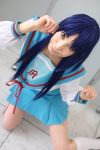 ari_(model) asakura_ryouko blue_hair cosplay knee_socks photo sailor_uniform school_uniform suzumiya_haruhi_no_yuuutsu 