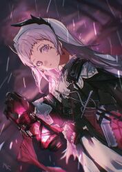  1girl absurdres ammunition ammunition_belt arknights black_gloves black_shirt black_sleeves capelet cross_scar earrings gloves grey_eyes grey_hair gun handgun handgun_cartridge head_wings highres holding holding_lantern irene_(arknights) jewelry lantern long_hair long_sleeves looking_at_viewer pink_pupils purple_background rain rapier scar scar_across_eye scar_on_face shirt shoulder_strap skirt solo strap sudadachi sword upper_body weapon white_capelet white_skirt wings 