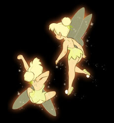  1girl backless_dress backless_outfit bare_arms bare_shoulders black_background blonde_hair breasts dress facing_away fairy fairy_wings floating full_body green_dress green_ribbon green_shoes hair_bun hair_ribbon highres kumao_(uexxww) medium_breasts multiple_views pom_pom_footwear ribbon shoes short_dress sparkle strapless strapless_dress stretching tinker_bell_(disney) walt_disney's_peter_pan wings 