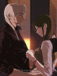  1boy 1girl ace_attorney alternate_hairstyle amikoiiko apollo_justice:_ace_attorney black_shirt blonde_hair blue_eyes blush brown_hair closed_mouth dark-skinned_male dark_skin dress_shirt drill_hair earrings ema_skye english_text from_side green_eyes green_vest gyaruo hair_down hands_on_another's_waist highres jewelry klavier_gavin light_smile long_hair long_sleeves looking_at_another looking_down mismatched_eyebrows open_collar pink_shirt pink_wrist_cuffs popped_collar shirt side_drill single_earring sleeves_rolled_up subtitled sunset undressing_another upper_body vest waistcoat watch watch window_blinds wrist_cuffs 