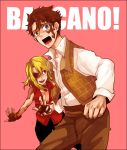  1girl baccano baccano! bad_id blonde_hair blue_eyes couple eyepatch fingerless_gloves gloves jacuzzi_splot nice_holystone open_mouth scar simple_background sudachips tears teeth title_drop 