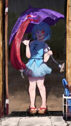  1girl absurdres blue_hair blue_skirt blue_umbrella blue_vest blush closed_umbrella commentary doorway dot_nose drooling full_body geta hand_up heterochromia highres holding holding_umbrella karakasa_obake long_tongue looking_at_viewer miniskirt open_hand open_mouth pigeon-toed pov_doorway puffy_short_sleeves puffy_sleeves purple_umbrella rain red_eyes shirt short_hair short_sleeves skirt smile solo standing suwa_(au_swap) tatara_kogasa tongue tongue_out touhou tsukumogami umbrella very_long_tongue vest violet_eyes white_shirt 