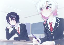  2girls alternate_costume aru0607 black_hair black_suit butterfly_hair_ornament chalkboard classroom closed_mouth desk gradient_hair hair_ornament highres holding holding_pen housho_margo long_sleeves mahou_shoujo_no_majo_saiban multicolored_hair multiple_girls necktie paper pen pink_eyes pink_hair red_necktie sakuraba_ema school_desk shirt short_hair smile suit violet_eyes white_hair white_shirt x_hair_ornament 