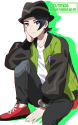  1boy bag black_hair black_hat black_pants bracelet closed_mouth commentary_request drop_shadow hand_up hat highres jacket jewelry kureha_(user_vjfd7744) long_sleeves male_focus open_clothes open_jacket pants paxton_(pokemon) pokemon pokemon_legends:_z-a red_bag red_shoes shirt shoes short_hair sitting solo watermark white_background white_shirt 