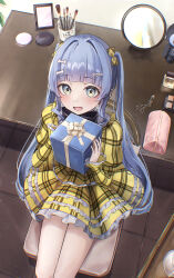  1girl absurdres black_bow black_bowtie blue_hair blunt_bangs bone_hair_ornament bottle bow bowtie box cartoon_bone commentary_request cosmetics dress eyelash_curler frilled_dress frills from_above gift gift_box grey_eyes hair_bow hair_ornament highres holding holding_gift juliet_sleeves lolita_fashion long_sleeves looking_at_viewer makeup_brush makeup_palette mirror open_mouth perfume_bottle plaid_clothes plaid_dress puffy_sleeves sakahana sitting solo text_hair_ornament thighs virtual_youtuber vspo! yano_kuromu yano_kuromu_(3rd_costume) yellow_bow yellow_dress 