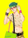  1boy balusah bespectacled glasses green_eyes green_hair headband jojo_no_kimyou_na_bouken kishibe_rohan midriff solo wristband 