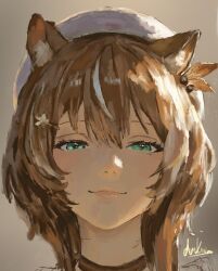 animal_ears arkhein ayunda_risu ayunda_risu_(1st_costume) brown_hair fur_choker green_eyes hair_ornament highres hololive hololive_indonesia leaf_hair_ornament portrait signature simple_background squirrel_ears squirrel_girl virtual_youtuber 