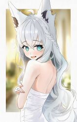  1girl absurdres alternate_costume animal_ears backless_dress backless_outfit blue_eyes blush commentary_request dress fox_ears fox_girl highres hololive jewelry long_hair open_mouth rimu_(user_akkm3425) ring shirakami_fubuki smile solo very_long_hair virtual_youtuber white_dress white_hair 