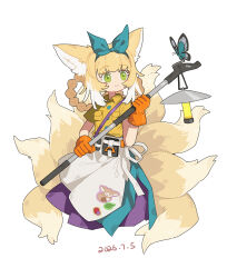  1girl absurdres animal_ear_fluff animal_ears apron arknights blonde_hair blue_butterfly blue_hairband braid braided_hair_rings bug butterfly chinese_commentary closed_mouth commentary_request cowboy_shot dated fox_ears fox_girl fox_tail gloves green_eyes hair_rings hairband highres holding holding_lantern kitsune kyuubi lantern lingyu_ovo long_hair multicolored_hair multiple_tails official_alternate_costume orange_gloves purple_skirt shirt short_sleeves simple_background skirt smile solo standing suzuran_(arknights) tail waist_apron white_apron white_background yellow_shirt 