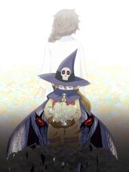 1girl back-to-back blonde_hair blue_hat bottle bouquet braid braided_ponytail brown_hair cape closed_eyes commentary_request crying digimon digimon_(creature) digimon_beatbreak disintegration evolutionary_line facing_away facing_viewer field flower flower_field full-length_zipper ghost hat hat_ornament highres holding holding_bottle holding_bouquet holding_flower horizontal_pupils jumpsuit kagemori_chifuyu kumi_(s2o9o3os2) lab_coat long_hair mephismon pointy_ears red_eyes skull_hat_ornament skull_ornament sky water_bottle white_sky witch_hat wizarmon yellow_flower yellow_jumpsuit zipper zipper_pull_tab 