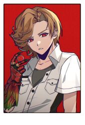  1boy animification ankh_(ooo) border breast_pocket brown_hair buttons collared_shirt commentary core_medal curtained_hair gauntlets hand_up highres holding inushima_(aridayo_328) kamen_rider kamen_rider_ooo_(series) layered_shirt looking_at_viewer male_focus parted_lips partially_unbuttoned pocket red_background red_eyes shirt short_hair short_sleeves simple_background single_gauntlet solo white_border wing_collar 