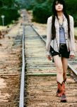  cowboy_boots fukada_saki open_shirt shorts tank_top train_tracks 