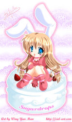 1girl animal_ears artist_name between_legs blue_eyes blush_stickers boots brown_hair cake commentary cover cover_page dated deformed doujin_cover dress english_commentary food full_body gloves hand_between_own_legs hand_on_own_leg happy knees_together_feet_apart knees_up lace_background long_hair looking_at_viewer low-tied_long_hair open_mouth original oversized_food oversized_object pink_dress pink_gloves puffy_short_sleeves puffy_sleeves rabbit_ears rabbit_tail red_boots short_sleeves signature sitting smile tail white_fur wing_yun_man 