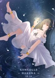  1girl absurdres alternate_costume anklet armlet barefoot black_hair brown_eyes character_name commentary_request copyright_name dress from_side full_body hairband haruna_(kancolle) highres jewelry kantai_collection long_hair smile solo twitter_username white_dress white_hairband zangetsu_yuki_yuki 