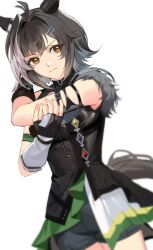  1girl absurdres animal_ears antenna_hair arm_belt black_gloves black_hair black_shirt breasts brown_eyes closed_mouth commentary_request ear_covers fingerless_gloves gloves grey_shorts hair_between_eyes hair_ornament hairclip highres horse_ears horse_girl horse_tail looking_at_viewer medium_breasts multicolored_hair shirt short_hair shorts simple_background solo streaked_hair stretching tail titleholder_(racing)_(umamusume) titleholder_(umamusume) toryo_(yukhop_961) umamusume white_background white_streaks 