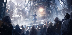  1girl 6+others blonde_hair chigalidepoi frost frostpunk furnace gloves highres hood long_hair looking_at_viewer machine multiple_others open_mouth original scarf scenery snow solo standing white_gloves white_scarf wide_shot winter winter_clothes 