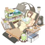  1girl aquarium barefoot blanket book bookshelf brown_eyes brown_hair cat cellphone chair coffee_maker_(object) coffee_mug computer controller cookie food itou_(mogura) laptop looking_up open_book original phone piggy_bank pillow raglan_sleeves reclining remote_control tablet trash_can watching_television white_background 