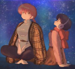 2girls barefoot black_hair black_pants braid brown_eyes brown_skirt chinese_clothes closed_mouth commentary earmuffs highres moriya_erichish multiple_girls pants pink_hair pink_sweater ranma_1/2 red_scarf saotome_ranma saotome_ranma_(female) scarf short_hair single_braid sitting skirt squatting sweater tangzhuang tendou_akane untranslatable_commentary 