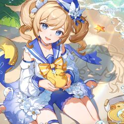  1girl :d absurdres barbara_(genshin_impact) barbara_(summertime_sparkle)_(genshin_impact) bare_shoulders beach blonde_hair blue_shorts copyright_name detached_sleeves dress drill_hair genshin_impact hat highres holding_rubber_duck jean_(genshin_impact) looking_at_viewer official_art open_mouth rubber_duck shorts shorts_under_dress sitting smile solo twin_drills twintails wariza white_dress 