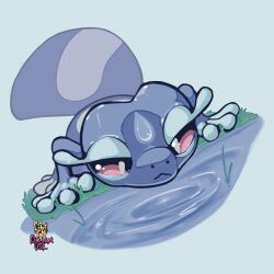  absurdres artist_logo artist_name blue_background colored_eyelashes crietgh facial_mark gecko gecqua grass highres large_tail lizard logo long_eyelashes looking_down no_humans pink_eyes plant pokemon pokemon_(creature) simple_background sketch slit_pupils solo tail teardrop_facial_mark water 
