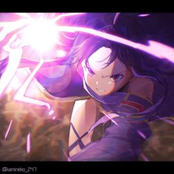  1girl ahoge artist_name attacking_viewer bare_shoulders boots commentary_request detached_sleeves full_body hair_intakes hairband highres kamineko_2820 letterboxed long_hair long_sleeves looking_at_viewer parted_lips purple_boots purple_hair purple_sleeves red_eyes red_hairband solo sword_art_online thigh_boots twitter_username v-shaped_eyebrows watermark yellow_trim yuuki_(sao) 