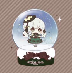  1girl :o black_hat blonde_hair bow brown_background capelet chibi chibi_only circle_name diagonal-striped_background disembodied_linked_eye earmuffs green_bow green_eyes green_hair green_mittens green_skirt hat hat_bow hat_ribbon heart heart-shaped_pupils heart_of_string in_snow_globe komeiji_koishi looking_at_viewer mike_(mikeneko) mittens open_mouth red_eyes ribbon skirt skirt_bow snow_globe snowflakes solo striped_background symbol-shaped_pupils touhou watermark yellow_bow yellow_capelet yellow_ribbon 
