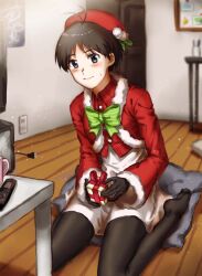 1girl antenna_hair beret black_hair black_pantyhose blue_eyes bow bowtie box closed_mouth gift gift_box green_bow green_bowtie hat highres holding holding_gift holy_night_dress_(idolmaster) idolmaster idolmaster_(classic) idolmaster_1 indoors kikuchi_makoto long_sleeves looking_at_viewer mihen no_shoes official_alternate_costume on_floor pantyhose red_hat red_shirt santa_costume shirt short_hair sitting skirt solo sweatdrop wariza white_skirt 