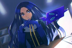  1girl black_hair black_jacket blue_eyes blue_gloves blue_shirt ceiling commentary_request eyelashes geeta_(pokemon) gloves hands_up indoors interlocked_fingers jacket long_hair long_sleeves mamiya_myanmar neck_ribbon pokemon pokemon_scarlet_and_violet ribbon rotom rotom_phone shadow shirt table yellow_ribbon 