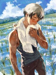  1boy ao_rui bare_shoulders black_hair black_pants blue_tank_top blush closed_eyes closed_mouth clouds colored_tips commentary_request contrapposto haikyuu!! highres kita_shinsuke male_focus mountainous_horizon multicolored_hair outdoors pants parted_bangs plant rice_paddy short_hair sky solo standing sweat tank_top toned toned_male towel towel_around_neck very_short_hair very_sweaty water white_hair wiping_face 