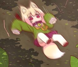  1girl animal_ears bell blonde_hair brown_necktie brown_sandals collar day fox_ears fox_girl fox_tail full_body green_shirt hair_between_eyes highres jingle_bell kemomimi-chan_(naga_u) leaf long_sleeves lying motion_blur motion_lines naga_u neck_bell necktie on_back original outdoors pleated_skirt puffy_long_sleeves puffy_sleeves purple_collar purple_skirt red_eyes ribbon-trimmed_thighhighs ribbon_trim sandals shirt skirt sleeves_past_fingers sleeves_past_wrists solo speed_lines tail thigh-highs white_thighhighs 