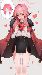  1girl absurdres aru_(blue_archive) black_skirt blue_archive blush brown_horns candy chocolate closed_mouth coat coat_on_shoulders collared_shirt commentary demon_horns english_commentary food fur-trimmed_coat fur_trim furrowed_brow halo heart heart-shaped_chocolate heart-shaped_food heart-shaped_pupils highres holding holding_chocolate holding_food horns kang_mura long_hair long_sleeves looking_down neck_ribbon open_mouth pencil_skirt pink_hair red_coat red_ribbon ribbon shirt skirt standing symbol-shaped_pupils twitter_username valentine wavy_mouth white_shirt yellow_eyes 