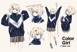  1girl arms_up blonde_hair blue_eyes blue_hair blue_jacket can closed_mouth colored_inner_hair commentary cropped_legs cropped_shoulders drink_can energy_drink grey_shoes grey_skirt hair_intakes hair_ornament hairclip hands_up highres holding holding_can jacket miniskirt multicolored_hair multiple_views one_eye_closed open_mouth original pleated_skirt popman3580 pout shoes short_hair simple_background skirt sleeves_past_wrists smile standing stretching translation_request turtleneck turtleneck_jacket white_background 