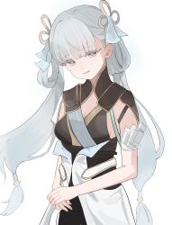  1girl absurdres beishang_fuluoluo blue_ribbon breasts coat colored_eyelashes commentary fingernails grey_eyes grey_hair grey_pupils hair_ribbon hair_rings highres jinhsi_(wuthering_waves) long_hair looking_at_viewer medium_breasts mole mole_on_cheek parted_lips ribbon smile solo twintails upper_body white_coat white_eyelashes wuthering_waves 