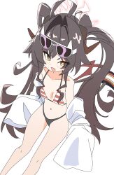  1girl absurdres ahoge bikini black_hair blue_archive coat commentary_request demon_horns eyewear_on_head ferumon halo highres horns kasumi_(blue_archive) kasumi_(swimsuit)_(blue_archive) long_hair long_sleeves looking_at_viewer navel official_alternate_costume open_mouth red_halo sleeves_past_fingers sleeves_past_wrists solo striped_bikini striped_clothes sunglasses swimsuit twintails white_background white_coat yellow_eyes 