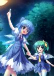  blue_dress blue_eyes blue_hair blush bow breasts cirno daiyousei dress fairy forest full_moon green_eyes green_hair hair_bow hair_ribbon hand_holding highres holding_hands moon multiple_girls nature night open_mouth pointing ribbon side_ponytail takeponi thigh-highs thighhighs touhou tree white_legwear wings zettai_ryouiki 
