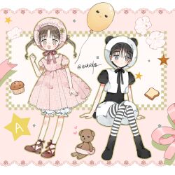  2girls animal_costume balloon black_boots black_eyes black_hair bloomers boots brown_hair dress food gakuen_alice highres hood hood_up imai_hotaru invisible_chair mr._bear_(gakuen_alice) muffin multiple_girls open_mouth panda_costume pantyhose pink_dress puffy_shorts red_shoes sakura_mikan shoes short_hair shorts sitting striped_clothes striped_pantyhose stuffed_animal stuffed_toy teddy_bear uri_(513321347) 