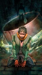  1boy absurdres bag belt black_hair brick_floor gloves green_jacket highres holding jacket kneeling male_focus multiple_views natsuki_subaru night orange_gloves orange_scarf pants plastic_bag re:zero_kara_hajimeru_isekai_seikatsu scarf shirt short_hair solo sonic1nstinct track_jacket weapon 
