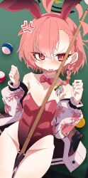  1girl absurdres ahoge anger_vein animal_ears ball billiard_ball billiard_table blue_archive blush bow bowtie cue_stick detached_collar fake_animal_ears ferumon highres jacket leotard looking_at_viewer lying mole mole_under_eye neru_(blue_archive) neru_(bunny)_(blue_archive) official_alternate_costume on_back playboy_bunny rabbit_ears red_eyes red_leotard solo strapless strapless_leotard table 
