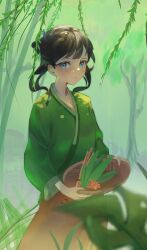  1girl absurdres beads black_hair blue_eyes blue_ribbon bowl chinese_clothes commentary forest hair_beads hair_ornament highres holding holding_bowl kusuriya_no_hitorigoto leaf looking_at_viewer maomao_(kusuriya_no_hitorigoto) medium_hair nature parted_lips ribbon signature solo wooden_bowl zargaz 