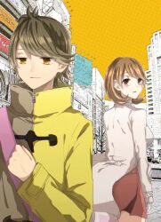  1boy 1girl alternate_breast_size_(smaller) bag breasts brown_eyes coat gamon_yuuta green_eyes green_hair large_breasts miniskirt multi-colored_coat narusawa_ryouka occultic;nine open_mouth pink_bag science_adventure shinjou_(rinao2) skirt smile yuuta_gamon zipper_pull_tab 