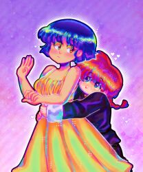  2girls bare_shoulders blue_eyes blue_hair blush braid brown_eyes closed_mouth commentary_request dress eye_contact frown heart height_difference highres hug looking_at_another multiple_girls purple_background ranma_1/2 red_hair saotome_ranma saotome_ranma_(female) short_hair single_braid spanish_commentary tendou_akane velvet-1960 yellow_dress yuri 
