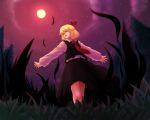  1girl :d blonde_hair blouse darkness full_moon hair_ribbon kannazuki_(devilcode666) moon night open_mouth outstretched_arms red_eyes ribbon rumia short_hair smile solo spread_arms teeth touhou vest 