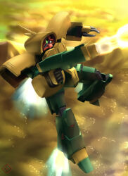  asshimar beam_rifle clouds commentary_request energy_beam energy_gun evening firing flying gundam mobile_suit no_humans one-eyed_mecha radio_antenna raybar science_fiction signature thrusters titans_(gundam) twilight weapon zeta_gundam 